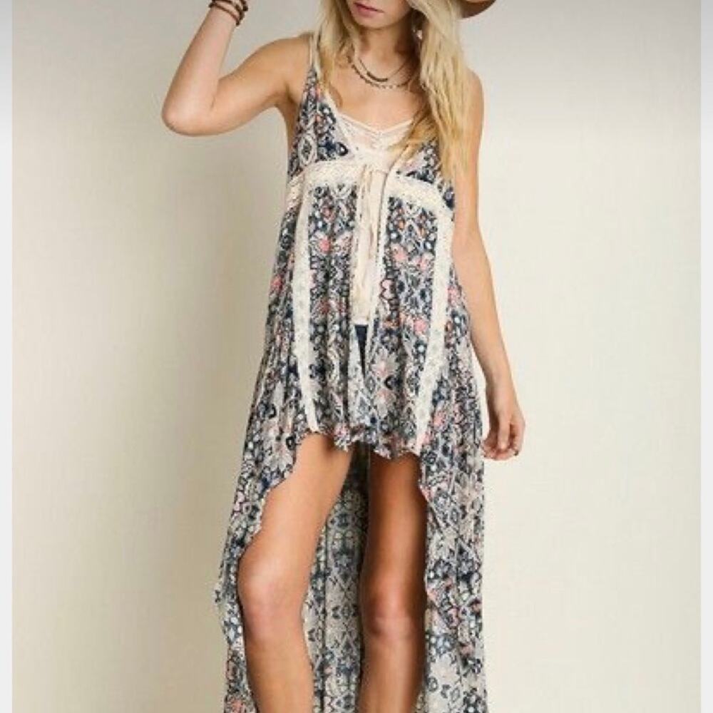 Umgee Boho Print Cascading Open Tie Front Vest Du… - image 1